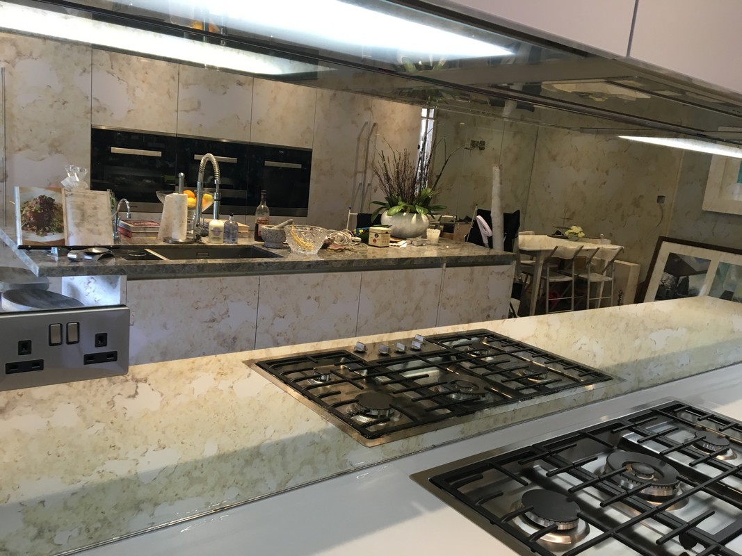 Mirror glass splashback in Hammersmith luxury kitchen